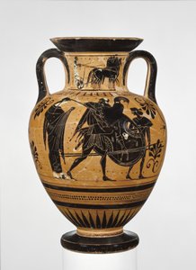 Athenian Attic黑色图形颈部双耳瓶显示特洛伊c.510 BC（兵马俑）的袋子